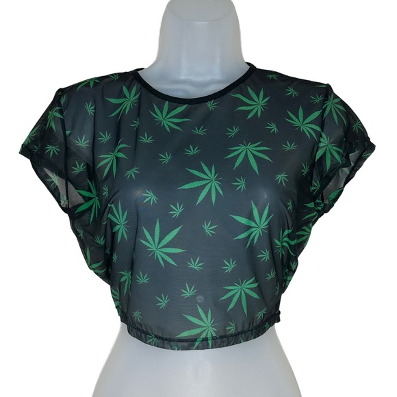 Body Rage Sheer Top Black Green Marijuana Leaf Print Crop Top Large Festival - Picture 1 of 5